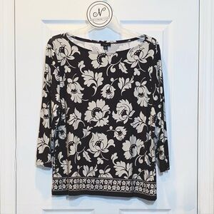 ANN TAYLOR Women’s Floral Top 3/4 Sleeve Dark Gray/White Color Size XL